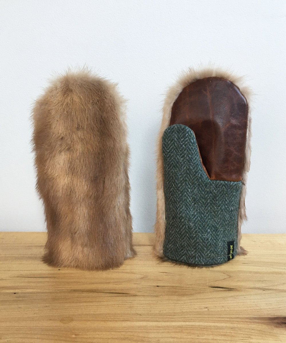 Women's Small Real Fur Mittens - Brown Mink, Khaki Wool - Muffle - Up!