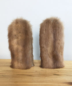 Women's Small Real Fur Mittens - Brown Mink, Khaki Wool - Muffle - Up!