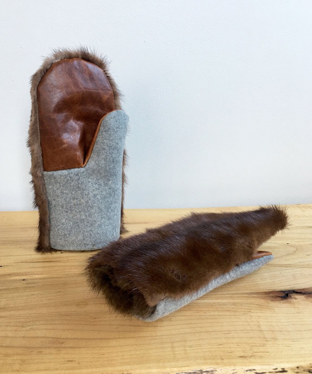 Women's Small Real Fur Mittens - Dark Brown Mink, Gray Wool - Muffle - Up!