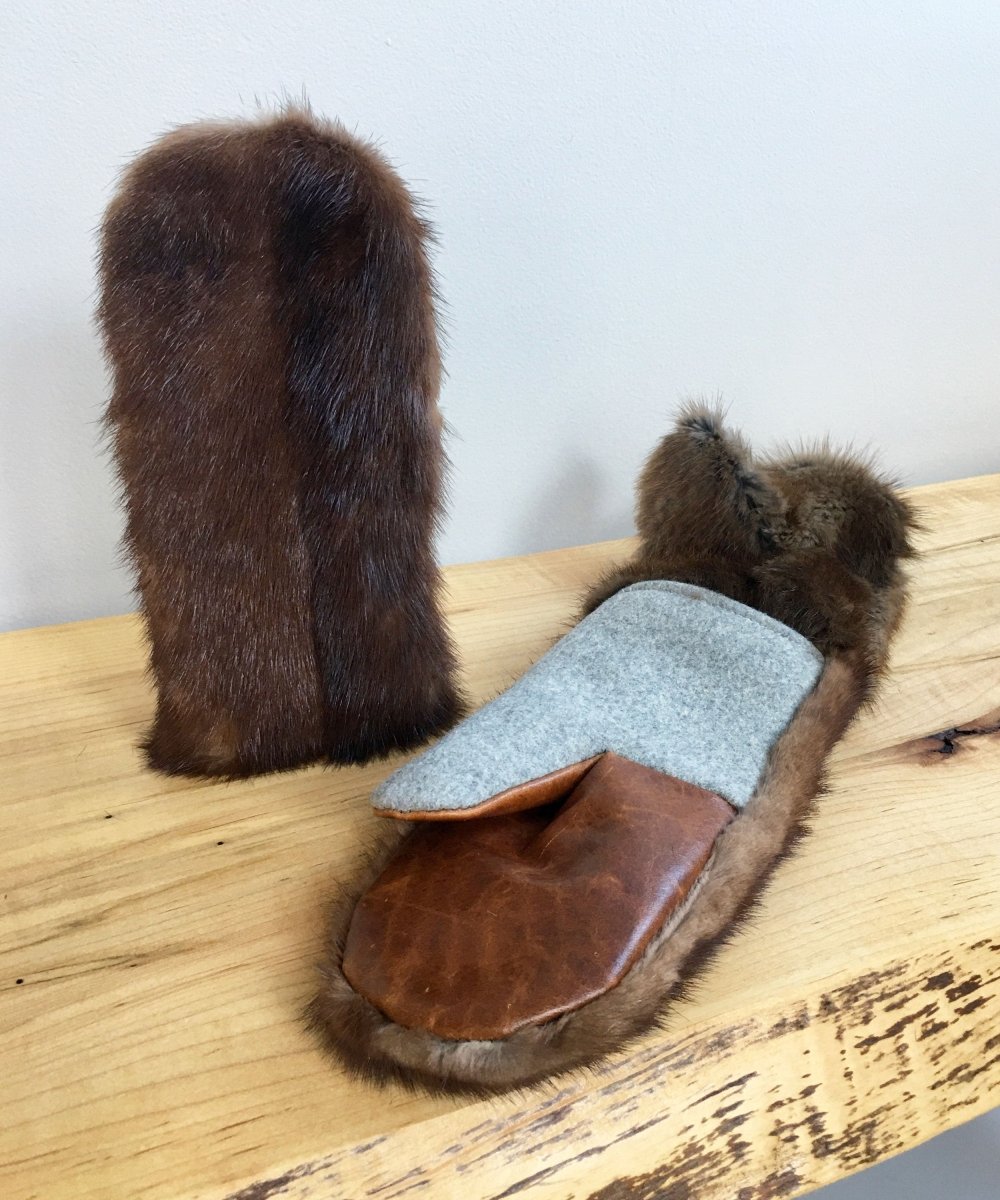 Women's Small Real Fur Mittens - Dark Brown Mink, Gray Wool - Muffle - Up!