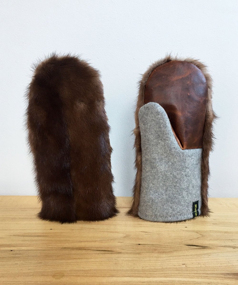 Women's Small Real Fur Mittens - Dark Brown Mink, Gray Wool - Muffle - Up!