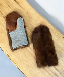 Women's Small Real Fur Mittens - Dark Brown Mink, Gray Wool - Muffle - Up!