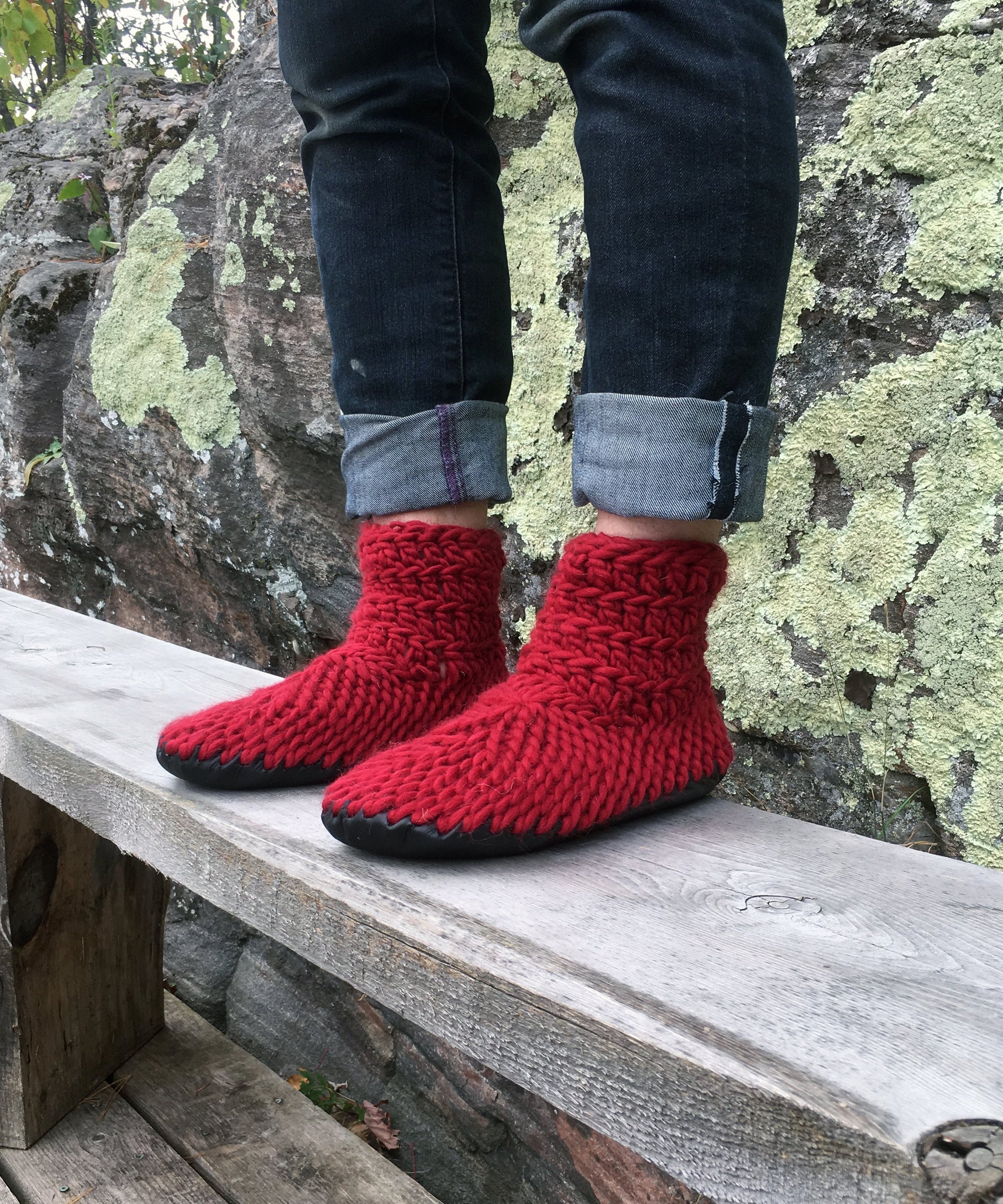 Demi-Boot: Cranberry, Red Merino Wool Bootie Slipper with Leather Sole
