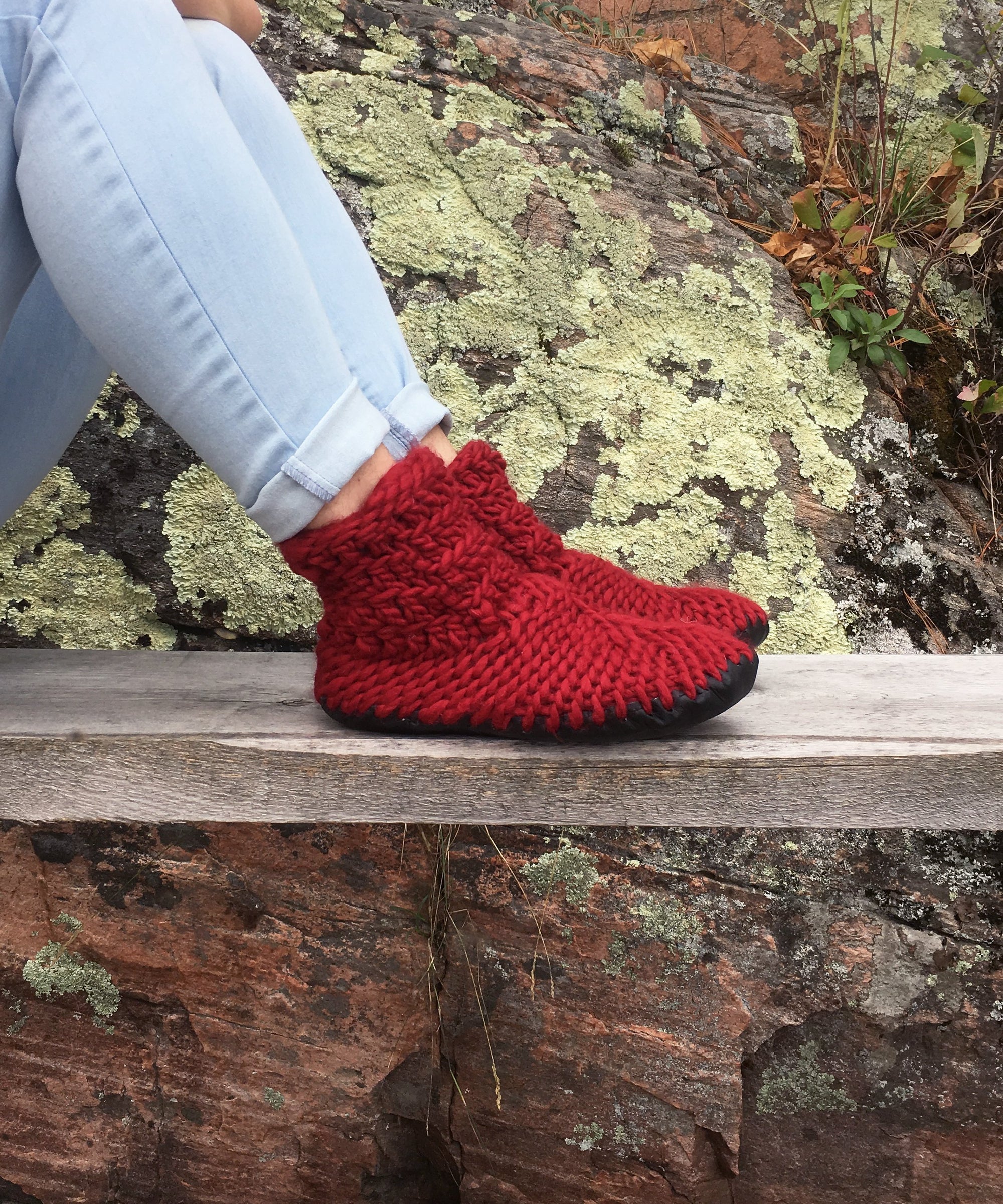 Demi-Boot: Cranberry, Red Merino Wool Bootie Slipper with Leather Sole