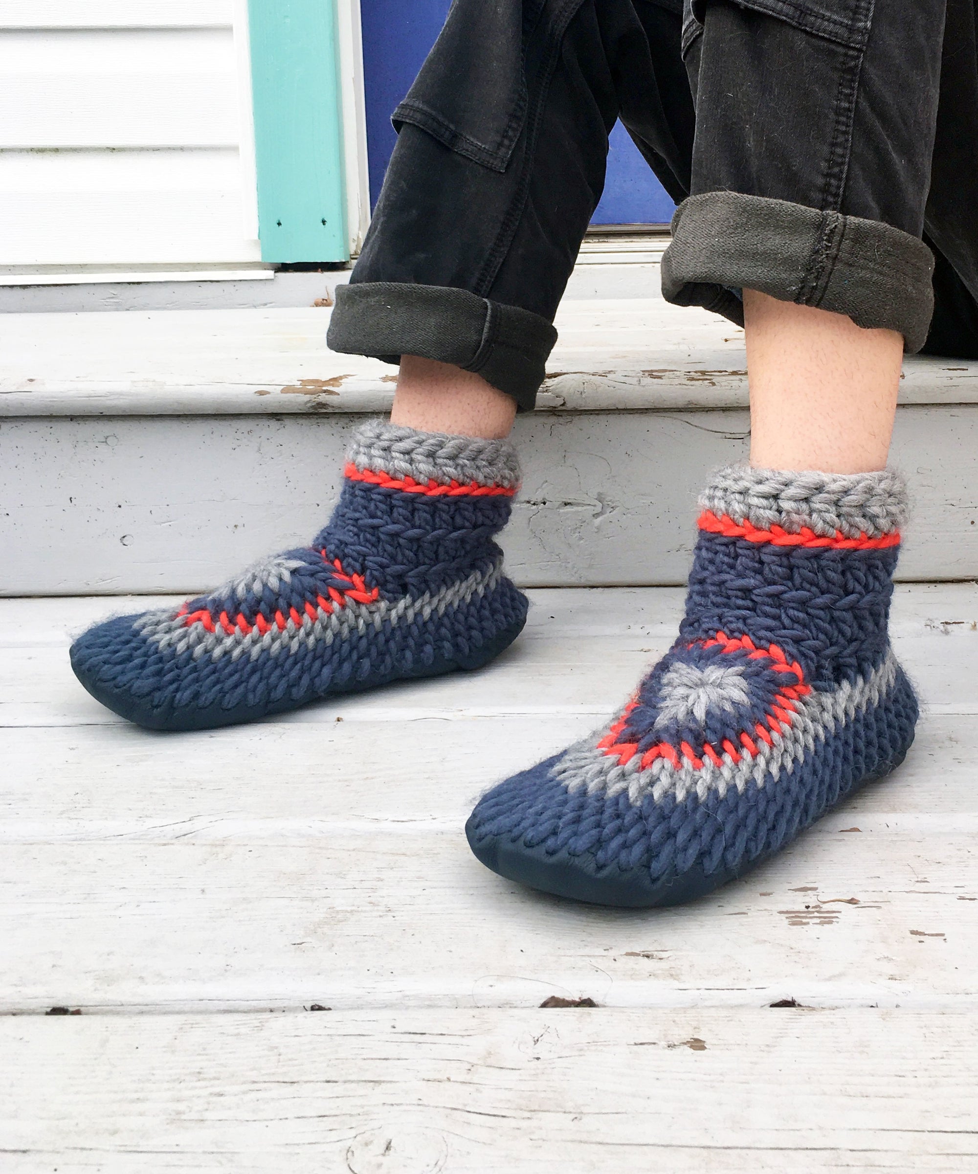 NOW OR NEVER: Demi-Boot: Sweater Weather, Blue Merino Wool Bootie Slipper  with Leather Sole